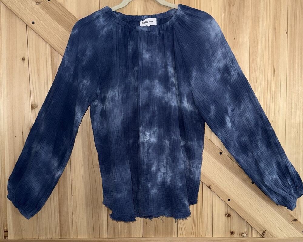 Bella Dahl Blue Tie Dye Gauze Long Sleeve Hippie Bohemian Blouse Tunic Top Sz M